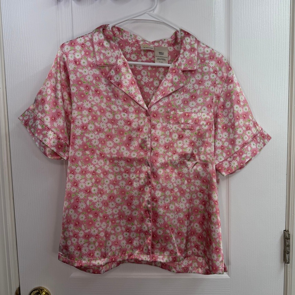 Sophia by Delicates pink satin floral collared pocket button down pajama shirt S
